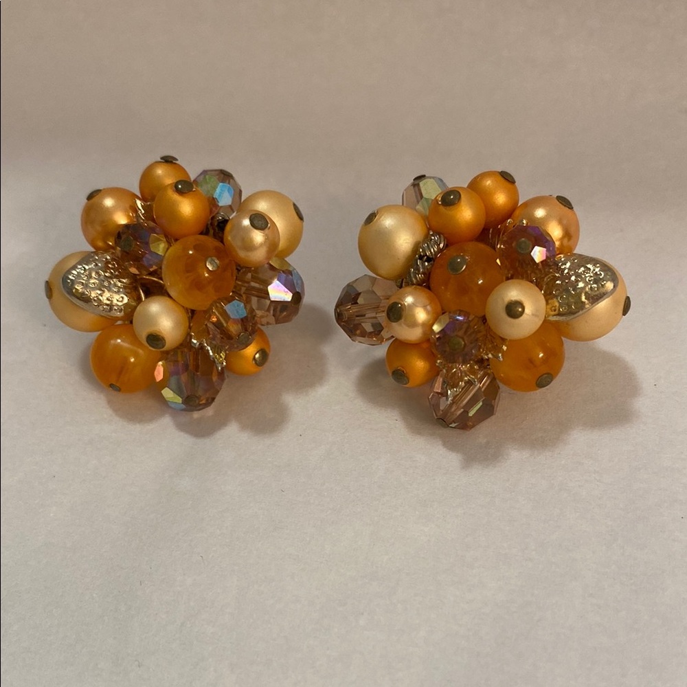 Elegant Cluster 1960’s Earrings in Gold and Orange